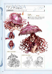 Rule 34 | 1girl, absurdly long hair, anna (granblue fantasy), arm garter, barefoot, bridal garter, candlelight, character name, chibi, chibi inset, fire, frills, full body, granblue fantasy, hair spread out, highres, holding, lineart, long hair, looking at viewer, lying, minaba hideo, multiple views, non-web source, official art, page number, red hair, scan, simple background, stuffed animal, stuffed toy, swimsuit, translation request, umbrella, very long hair