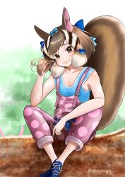 Rule 34 | absurdres, aburaeoyaji, animal ears, brown eyes, brown hair, chipmunk ears, chipmunk girl, chipmunk tail, closed mouth, extra ears, highres, japanese pancake devilfish (kemono friends), kemono friends, kemono friends v project, looking at viewer, overalls, ribbon, shoes, short hair, siberian chipmunk (kemono friends), tail, tank top, virtual youtuber