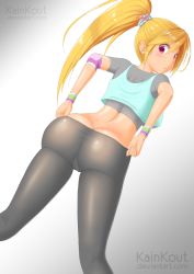 Rule 34 | 1girl, artist name, ass, blonde hair, breasts, cameltoe, cleft of venus, from behind, jogging, kainkout, large breasts, long hair, looking at viewer, looking back, original, pants, purple eyes, signature, simple background, solo, track pants, white background