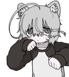Rule 34 | 1other, @ @, ahoge, androgynous, animal ears, blush, closed mouth, commentary, dot mouth, drugs neko, fish hair ornament, grey eyes, grey hair, hair between eyes, hair ornament, hairclip, hands up, highres, huge ahoge, long sleeves, looking at viewer, no nose, original, paw pose, sad, short hair, sleeves past wrists, solo, sweater, symbol-only commentary, tearing up, upper body, white background