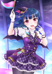 Rule 34 | 1girl, absurdres, alternate hairstyle, around the world (love live!), artist name, artist request, black legwear, black wings, blue hair, blue sky, blush, breasts, buttons, cloud, dress, drop earrings, earrings, female focus, flag, frilled dress, frills, gloves, hat, headphones, highres, holding, holding flag, jewelry, long hair, looking at viewer, love live!, love live! school idol festival, love live! school idol festival all stars, love live! sunshine!!, microphone, mini hat, miniskirt, neckwear request, night, night sky, outdoors, parted lips, pink eyes, plaid, plaid dress, plaid skirt, pleated, pleated dress, pleated skirt, puffy short sleeves, puffy sleeves, purple dress, purple eyes, purple hat, purple ribbon, purple skirt, purple wings, ribbon, sharp teeth, short sleeves, skirt, sky, small breasts, smile, solo, star (symbol), sunset, teeth, tsushima yoshiko, v, white detached collar, white gloves, white neckwear, winged hat, wings