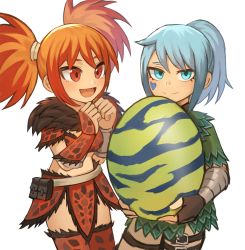 Rule 34 | 2girls, :d, anjanath (armor), black gloves, blue eyes, blue hair, bracer, commentary, commission, copyright request, egg, english commentary, facial mark, fingerless gloves, fur collar, fur trim, gloves, heart, highres, holding, holding egg, looking at another, looking at viewer, monster hunter (series), monster hunter stories 2, multiple girls, open mouth, orange hair, oversized object, pixiv commission, ponytail, pouch, pukei-pukei (armor), red eyes, simple background, smile, sookmo, thigh strap, thighhighs, twintails, white background, wrist wrap