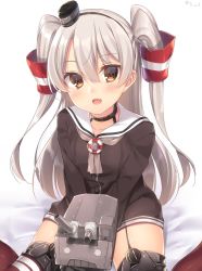 Rule 34 | 10s, 1girl, :d, amatsukaze (kancolle), bad id, bad twitter id, bed sheet, blush, breasts, brown eyes, dress, fang, grey neckerchief, hair between eyes, hair tubes, hat, highres, holding, kantai collection, long hair, looking at viewer, medium breasts, mini hat, navy (navy.blue), neckerchief, open mouth, red thighhighs, rensouhou-kun, sailor dress, silver hair, sitting, smile, solo, spread legs, thighhighs, thighs, twitter username, two side up, wariza, white background
