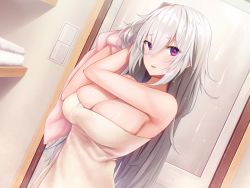 Rule 34 | 1girl, after bathing, armpits, azarashi soft, bare shoulders, bathroom, blush, breasts, cleavage, drying, drying hair, eve (maid-san no iru kurashi), female focus, game cg, hair between eyes, highres, indoors, large breasts, light blush, light smile, long hair, looking at viewer, maid-san no iru kurashi, naked towel, parted lips, pink eyes, pink towel, smile, solo, standing, towel, upper body, wet, white hair, yaman, yellow towel