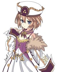 Rule 34 | 1girl, adapted costume, bare shoulders, blanc (neptunia), blue eyes, blush, brown hair, hat, looking at viewer, md5 mismatch, neptune (series), open mouth, princess zelda, resolution mismatch, short hair, solo, source larger, triforce