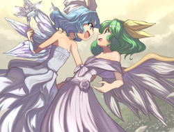 Rule 34 | 2girls, blue eyes, blue hair, cirno, commission, daiyousei, fairy wings, green eyes, green hair, ice, ice wings, multiple girls, open mouth, short hair, side ponytail, skeb commission, syope, touhou, wings