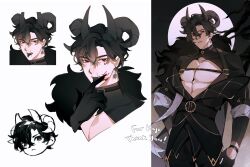 Rule 34 | 1boy, black gloves, black hair, black tongue, blood, blood on face, cleavage cutout, clothing cutout, commentary, commission, commissioner name, demon horns, earrings, english commentary, farren, fur trim, gloves, highres, horns, jacket, jewelry, long sleeves, looking at viewer, male focus, multiple horns, multiple views, open clothes, open jacket, original, pectoral cleavage, pectorals, red eyes, scar on lip, short hair, suspenders, tongue, tongue out