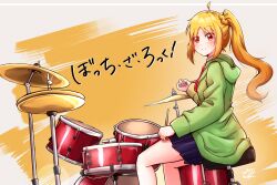 Rule 34 | 1girl, absurdres, ahoge, artist name, blonde hair, blue skirt, bocchi the rock!, closed mouth, commentary, copyright name, drum, drum set, drumsticks, english commentary, from side, grey hoodie, highres, holding, holding drumsticks, hood, hood down, hoodie, ijichi nijika, instrument, long hair, long sleeves, looking at viewer, looking back, miniskirt, mizzterbii, pleated skirt, red eyes, side ponytail, signature, sitting, skirt, smile, solo, stool, translated