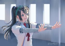 Rule 34 | 1girl, black hair, blue eyes, blue hairband, blue sailor collar, blue scrunchie, blue shirt, blush, collared shirt, commentary request, glasses, hairband, kantai collection, long hair, long sleeves, necktie, ooyodo (kancolle), open mouth, partial commentary, ponytail, red necktie, sailor collar, school uniform, scrunchie, serafuku, shirt, smile, solo, twitter username, upper body, urushizawa takayuki, white shirt