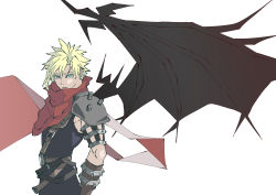 Rule 34 | 1boy, 87, absurdres, aqua eyes, armor, belt, blonde hair, cape, cloud strife, final fantasy, final fantasy vii, gloves, hair between eyes, highres, kingdom hearts, looking at viewer, male focus, multiple belts, official alternate costume, red cape, shirt, short hair, shoulder armor, single wing, sleeveless, sleeveless shirt, solo, spiked hair, square enix, suspenders, upper body, white background, wings