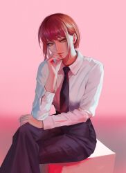 Rule 34 | 1girl, absurdres, black necktie, black pants, chainsaw man, crossed legs, formal, highres, looking at viewer, luxearte, makima (chainsaw man), necktie, pants, pink background, red hair, ringed eyes, shirt, sitting, solo, white shirt, yellow eyes