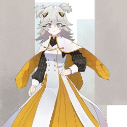 Rule 34 | + +, 1girl, :o, alchemy stars, alternate costume, black shirt, breasts, capelet, dress, feet out of frame, florine (alchemy stars), grey eyes, grey hair, hair ornament, highres, long hair, long sleeves, looking at viewer, shirt, small breasts, solo, standing, tian zhi shi shi, two side up, white dress