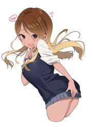 Rule 34 | 1girl, ass, blonde hair, breasts, brown hair, commentary request, cropped jacket, dark-skinned female, dark skin, flying sweatdrops, gradient hair, highres, hiiragi ken, idolmaster, idolmaster shiny colors, izumi mei, large breasts, looking at viewer, looking to the side, miniskirt, multicolored hair, pleated skirt, school uniform, shirt, short sleeves, simple background, skirt, solo, spoken blush, white background, white shirt