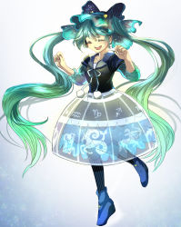 Rule 34 | 1girl, bad id, bad pixiv id, blue footwear, boots, closed eyes, collarbone, dress, full body, green hair, hat, hatsune miku, long hair, miturousoku, open mouth, pantyhose, platform footwear, smile, solo, striped clothes, striped pantyhose, twintails, very long hair, vocaloid