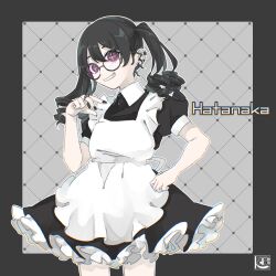 Rule 34 | 1girl, absurdres, apron, black dress, black hair, black nails, character request, cross-shaped pupils, dress, earrings, eyelashes, glasses, grin, highres, jewelry, kotone0220, maid, maid apron, nail polish, purple eyes, ring, round eyewear, smile, solo, symbol-shaped pupils, twintails, vrchat