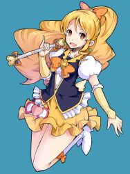 Rule 34 | 10s, 1girl, :d, blonde hair, blue background, boots, brooch, cure honey, full body, happinesscharge precure!, heart, heart brooch, ishimu, jewelry, long hair, looking at viewer, magical girl, oomori yuuko, open mouth, ponytail, precure, simple background, skirt, smile, solo, yellow eyes, yellow skirt