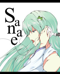 Rule 34 | 1girl, bad id, bad pixiv id, character name, female focus, frog hair ornament, from side, green eyes, green hair, hair ornament, headphones, kochiya sanae, letterboxed, matching hair/eyes, profile, simple background, solo, ton (artist), touhou, upper body, white background