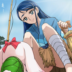 Rule 34 | 00s, 1girl, blue eyes, blue hair, haruyama kazunori, japanese clothes, long hair, lowres, matching hair/eyes, milk (precure 5), milk (yes! precure 5), minazuki karen, no panties, precure, skirt, solo, squatting, turtle shell, yes! precure 5