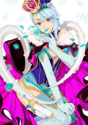 Rule 34 | 10s, 1girl, bare shoulders, blue eyes, blue flower, blue hair, blue rose, blue rose (tiger &amp; bunny), boots, breasts, cape, cleavage, crown, earrings, elbow gloves, female focus, flower, foodpuppet, gloves, gun, hat, jewelry, karina lyle, lipstick, makeup, matching hair/eyes, medium breasts, petals, rose, short hair, snowflakes, solo, superhero costume, thigh boots, thighhighs, tiger &amp; bunny, weapon, white background