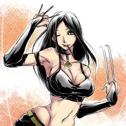 Rule 34 | artist request, bare shoulders, black hair, breasts, choker, claw (weapon), claws, cleavage, elbow gloves, fingerless gloves, food, gloves, laura kinney, long hair, lowres, marvel, pocky, solo, weapon, wink, x-23, x-men