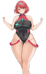 Rule 34 | 1girl, absurdres, bare arms, bare shoulders, blush, breasts, closed mouth, competition swimsuit, covered navel, curvy, hair ornament, hands up, highres, large breasts, leotard, looking at viewer, neneneji, one-piece swimsuit, plump, pyra (pro swimmer) (xenoblade), pyra (xenoblade), red eyes, red hair, short hair, simple background, smile, solo, standing, swimsuit, thick thighs, thighs, white background, wide hips, xenoblade chronicles (series), xenoblade chronicles 2