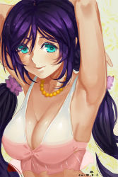 Rule 34 | 10s, 1girl, armpits, arms up, bikini, blush, breasts, cleavage, green eyes, large breasts, long hair, looking at viewer, love live!, love live! school idol project, purple hair, shuizhanglang, smile, solo, swimsuit, tojo nozomi, twintails