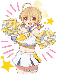 Rule 34 | 1girl, ahoge, blonde hair, blue archive, braid, breasts, character name, cheerleader, cleavage, commentary request, criss-cross halter, detached collar, dual wielding, elbow gloves, gloves, hair between eyes, hair tubes, halo, halterneck, highres, holding, holding pom poms, kotori (blue archive), kotori (cheer squad) (blue archive), large breasts, looking at viewer, low twintails, medium hair, millennium cheerleader outfit (blue archive), navel, official alternate costume, official alternate hairstyle, pleated skirt, pom pom (cheerleading), pom poms, red eyes, sidelocks, simple background, single braid, skirt, sleeveless, solo, stomach, thighlet, twintails, two-tone skirt, v-shaped eyebrows, white gloves, white skirt, zetaro