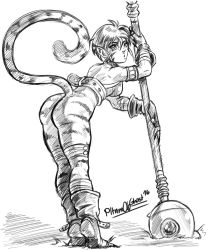 Rule 34 | 1girl, animal ears, artist request, ass, belt, bottomless, breasts, breath of fire, breath of fire ii, bustier, cat ears, cat tail, check artist, facial mark, furry, furry female, gloves, greyscale, high belt, highres, monochrome, no panties, no pants, pltrgst, pointy ears, rinpoo chuan, short hair, solo, staff, striped tail, tail
