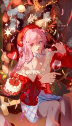 Rule 34 | 1girl, absurdres, alcohol, beret, birthday cake, blue choker, blue skirt, braid, breasts, cake, character age, choker, commentary, crown braid, cup, dated, drinking glass, english commentary, flower, food, hair ribbon, hat, heart, highres, holding, holding cup, indie virtual youtuber, looking to the side, medium breasts, mistedsky, mole, mole on breast, mole under eye, nini yuuna, nini yuuna (5th costume), off-shoulder shirt, off shoulder, open mouth, pink hair, plaid, plaid skirt, purple eyes, red hat, red ribbon, red sweater, ribbon, second-party source, shirt, sitting, skirt, smile, solo, star (symbol), streamers, sweater, textless version, tulip, virtual youtuber, white shirt, wine, wine glass, wreath, yellow flower