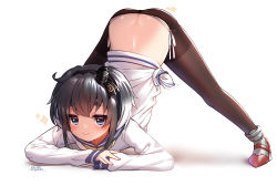 Rule 34 | 1girl, absurdres, ass, black hair, black pantyhose, blush, butt crack, closed mouth, dress, female focus, full body, grey eyes, highres, jack-o&#039; challenge, kantai collection, long sleeves, looking at viewer, motion lines, pantyhose, rudder footwear, sailor dress, short hair, short hair with long locks, signature, simple background, smile, solo, sparkle, thick eyebrows, thighband pantyhose, tokitsukaze (kancolle), top-down bottom-up, white background, white dress, yufukiri