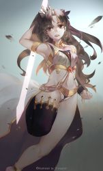 Rule 34 | 1girl, anni de chengzi mao, arm behind back, armpits, artist name, breasts, brown hair, crown, dutch angle, earrings, fate/grand order, fate (series), groin, highres, hip focus, hoop earrings, ishtar (fate), ishtar (fate), jewelry, long hair, medium breasts, navel, red eyes, single thighhigh, solo, standing, standing on one leg, sword, thighhighs, tohsaka rin, twintails, waist cape, weapon