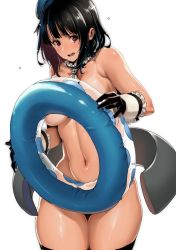 Rule 34 | 10s, 1girl, ascot, aya shachou, bad id, bad twitter id, bikini tan, black gloves, black hair, blush, breasts, colorized, cowboy shot, embarrassed, female focus, gloves, goshiki suzu, hat, innertube, kantai collection, large breasts, looking at viewer, nude, open mouth, red eyes, short hair, simple background, solo, swim ring, takao (kancolle), tan, tanline, thick thighs, thighhighs, thighs, underboob, white background