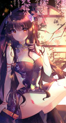 Rule 34 | 1girl, absurdres, anklet, azur lane, bad id, bad pixiv id, black hair, blue flower, breasts, brown eyes, bug, butterfly, china dress, chinese clothes, cleavage, dress, floral print, flower, folded fan, folding fan, hair between eyes, hair flower, hair ornament, hand fan, hiei (azur lane), hiei (fragrant red plum) (azur lane), highres, horns, huge filesize, insect, jewelry, large breasts, long hair, looking at viewer, open mouth, petals, purple dress, revision, sitting, solo, very long hair, wine (2148 wine)