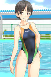 Rule 34 | 1girl, absurdres, bench, black hair, black one-piece swimsuit, blue sky, blurry, breasts, brown eyes, cloud, competition swimsuit, cowboy shot, depth of field, grin, hand on own hip, highleg, highleg swimsuit, highres, looking at viewer, multicolored clothes, multicolored swimsuit, one-piece swimsuit, original, outdoors, pool, short hair, sky, small breasts, smile, solo, standing, swimsuit, takafumi