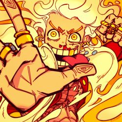 Rule 34 | 1boy, abs, awakening, blood, clenched hand, cloud, curly eyebrow, earrings, fighting stance, fingerprint, foreshortening, gear fifth, gold earrings, gold ring, gold tooth, grin, hand up, highres, jewelry, jolly roger, long hair, looking at viewer, monkey d. luffy, nose, nosebleed, one piece, open clothes, open mouth, palms, red vest, ring, scar, scar on chest, scar on face, smile, solo, spread fingers, straw hats jolly roger, tongue, tongue out, upper body, v-shaped eyebrows, vest, white hair, yellow background, yellow eyes, yellow theme
