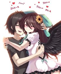 Rule 34 | 1boy, 1girl, ass, black shirt, black wings, blush, bow, breasts, brown hair, cheek squash, closed mouth, commentary, commission, dress, closed eyes, flower, frilled dress, frills, green bow, hair bow, hair flower, hair ornament, headpat, heart, highres, hug, large breasts, long hair, open mouth, reiuji utsuho, shirt, short hair, short sleeves, smile, sunflower, sunflower hair ornament, sunnysideup, t-shirt, touhou, translation request, upper body, white dress, wings