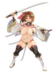 Rule 34 | 1girl, areola slip, black thighhighs, boots, breasts, brown eyes, brown hair, dairoku ryouhei, detached sleeves, dual wielding, floral print, full body, headband, holding, holding sword, holding weapon, huge breasts, katana, legs apart, navel, official art, open mouth, photoshop (medium), revealing clothes, ryoji (nomura ryouji), short hair, solo, standing, sword, thick thighs, thighhighs, thighs, transparent background, v-shaped eyebrows, weapon, white footwear, wide sleeves