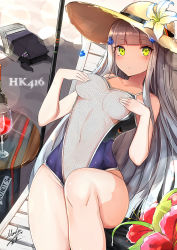 Rule 34 | 1girl, alcohol, beach, beach chair, beach umbrella, blush, bottle, breasts, covering privates, covering breasts, cup, drinking glass, fishnet swimsuit, flower, german flag, girls&#039; frontline, green eyes, hat, hk416 (girls&#039; frontline), lily (flower), long hair, looking at viewer, luse maonang, lying, on back, personification, silver hair, solo, straw hat, swimsuit, umbrella, wine, wine bottle, wine glass