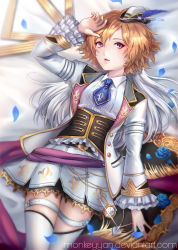 Rule 34 | 10s, 1girl, arm at side, arm up, blonde hair, blue feathers, blue necktie, buttons, collared shirt, commentary, deviantart username, feathers, frilled sleeves, frills, from above, gold, hat, hat feather, highres, idolmaster, idolmaster cinderella girls, idolmaster cinderella girls starlight stage, long sleeves, looking at viewer, lying, monkeyyan, necktie, ninomiya asuka, on back, petals, purple eyes, shirt, short hair, solo, thighhighs, watermark, web address, white shirt, wing collar