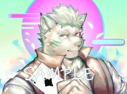 Rule 34 | 1boy, ace (playing card), ace of spades, bara, blue eyes, card, collared jacket, commission, furry, furry male, green hair, heterochromia, holding, holding card, jacket, laserbiubiu, looking at viewer, male focus, muscular, muscular male, orange eyes, original, playing card, portrait, sample watermark, short hair, sleeveless, sleeveless jacket, solo, spade (shape), thick eyebrows, tusks, watermark