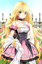 Rule 34 | 1girl, arm up, bare shoulders, black pantyhose, blonde hair, breasts, choker, cleavage, collarbone, day, detached sleeves, dress, flower, frills, gloves, green eyes, layered dress, long hair, lowres, mca, mca (dessert candy), medium breasts, outdoors, pantyhose, pleated dress, seven (sword girls), smile, solo, sword girls, very long hair, wavy hair
