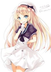 Rule 34 | 1girl, beret, blonde hair, blue eyes, blue sailor collar, blush, braid, dress, french braid, gloves, hat, highres, hizaka, jervis (kancolle), kantai collection, long hair, looking at viewer, off-shoulder dress, off shoulder, open mouth, sailor collar, sailor dress, sailor hat, short sleeves, simple background, smile, solo, twitter username, very long hair, white background, white dress, white gloves, white hat