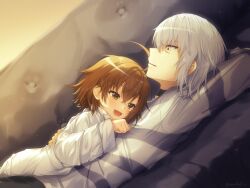 Rule 34 | 1boy, 1girl, :d, absurdres, accelerator (toaru majutsu no index), age difference, ahoge, amatsuji, arm pillow, arms around waist, arms behind head, artist name, black choker, black pants, blurry, blurry background, blush, bob cut, brown eyes, brown hair, child, choker, coat, commentary, constricted pupils, couch, depth of field, dusk, dutch angle, eyelashes, grey hair, grey shirt, hair between eyes, hand on another&#039;s back, hand on another&#039;s chest, head on chest, height difference, highres, indoors, lab coat, last order (toaru majutsu no index), long bangs, long sleeves, looking ahead, looking at another, lying, lying on person, messy hair, narrowed eyes, on back, on couch, on stomach, open mouth, pants, parted lips, red eyes, sanpaku, shirt, shirt grab, short hair, signature, size difference, smile, striped clothes, striped shirt, sunset, textless version, toaru kagaku no railgun, toaru majutsu no index, twitter username, white coat, white shirt