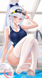 Rule 34 | bare arms, bare shoulders, blue one-piece swimsuit, character request, competition swimsuit, copyright request, feet, highleg, highleg swimsuit, highres, knees up, legs, liu liaoliao, long hair, one-piece swimsuit, ponytail, pool, poolside, red eyes, soles, swimsuit, thighhighs, thighs, toes, water, wet, wet clothes, wet swimsuit, white hair, white thighhighs