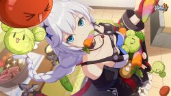 Rule 34 | &gt; &lt;, 1girl, ai-chan (honkai impact), bare shoulders, black sleeves, blue eyes, bowl, braid, breasts, cabbage, carrot, collarbone, earrings, food, food in mouth, fruit, gloves, highres, holding, holding food, honkai (series), honkai impact 3rd, indoors, jewelry, kallen kaslana, kallen kaslana (sin hunter), kitchen, looking at food, looking up, medium breasts, necklace, official art, official wallpaper, pickle, potato, red gloves, standing, tomato, vegetable, white hair