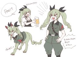 Rule 34 | 1girl, :d, adapted uniform, alternate costume, anchovy (girls und panzer), animalization, anzio military uniform, beer mug, belt, black belt, black choker, black ribbon, black shirt, breasts, brown eyes, choker, cleavage, commentary, cup, dirndl, dog, dress shirt, drill hair, frilled sleeves, frills, german clothes, girls und panzer, green hair, grey jacket, grey pants, hair ribbon, hands on own hips, hasekura (hachinochun), highres, holding, holding cup, jacket, long hair, looking at viewer, looking to the side, medium breasts, military, military uniform, mug, multiple views, notice lines, open mouth, pants, puffy short sleeves, puffy sleeves, ribbon, sam browne belt, shirt, short sleeves, simple background, sketch, smile, smug, standing, summer uniform, translated, twin drills, twintails, uniform, v-shaped eyebrows, white background, wing collar