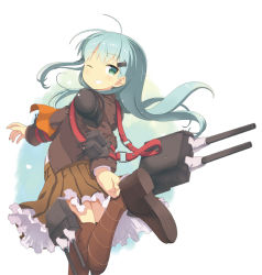 Rule 34 | 10s, 1girl, adjusting clothes, adjusting shoe, aqua eyes, aqua hair, back, blush, breasts, brown thighhighs, cannon, hair ornament, hairclip, kantai collection, long hair, looking back, medium breasts, one eye closed, ooide chousuke, personification, school uniform, skirt, smile, solo, suzuya (kancolle), thighhighs, turret, wink