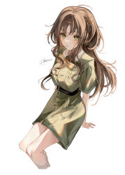 Rule 34 | 1girl, :/, absurdres, aged up, arm support, artist name, belt, black belt, bow, bowtie, breast pocket, breasts, brown hair, buttons, closed mouth, collared dress, cropped legs, dress, eagle (reverse:1999), feet out of frame, from above, girl scout, green dress, green eyes, hair ornament, hairclip, highres, invisible chair, long hair, looking at viewer, medium breasts, no headwear, pocket, reverse:1999, scout uniform, short dress, short sleeves, signature, sitting, socks, solo, white socks, yellow bow, yellow bowtie, yena s