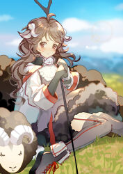Rule 34 | 1girl, animal, animal ears, arknights, bananakeki, blurry, blurry background, blush, boots, brown hair, closed eyes, cloud, day, eyjafjalla (arknights), fur, grass, grey thighhighs, highres, holding, holding staff, horns, long hair, long sleeves, looking at viewer, mask, mask around neck, outdoors, red eyes, sheep, sheep ears, sheep girl, sheep horns, sitting, sky, staff, thighhighs