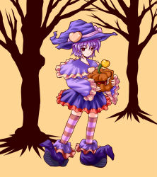 Rule 34 | 1girl, bare tree, capelet, costume, female focus, frills, fue (fuef), full body, halloween, hat, hat ribbon, heart, highres, komeiji satori, large shoes, md5 mismatch, multicolored clothes, multicolored legwear, nature, pumpkin, purple hair, red eyes, ribbon, shoes, short hair, sleeves past wrists, solo, striped clothes, striped thighhighs, thighhighs, third eye, touhou, tree, witch hat, zettai ryouiki